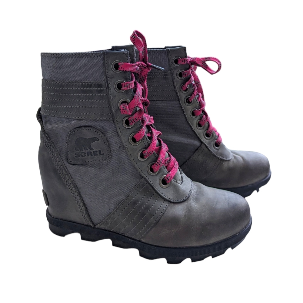Sorel Lexie Wedge Leather Canvas Boot Women's Size 6 Quarry Gray, red laces
